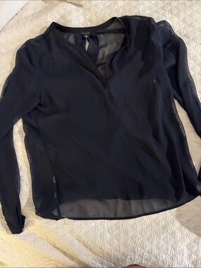 Ann Taylor Navy Semi-Sheer V-Neck Long-Sleeve Blouse
